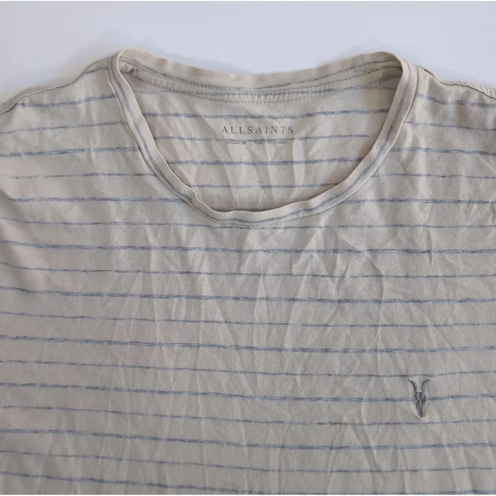 AllSaints August Tonic Crew Shirt Mens M Striped Ramskull Logo Grey Distressed